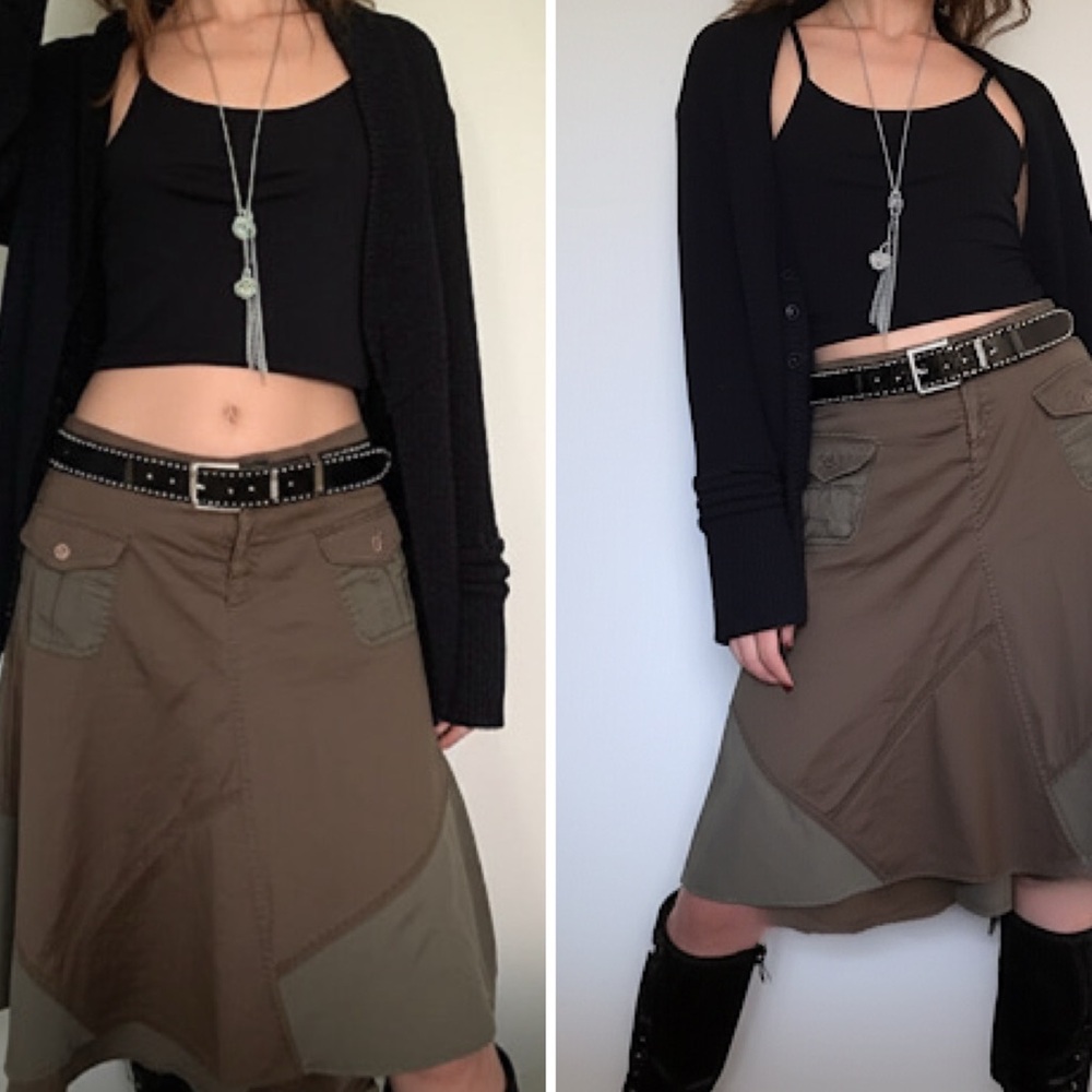 Y2K 90s Vintage Green Mixed Media Cargo Linen Blend Knee‎ Length A-Line Skirt